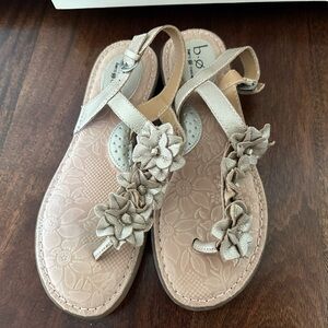 BOC Floral T-Strap Leather Sandals in Metallic Tan